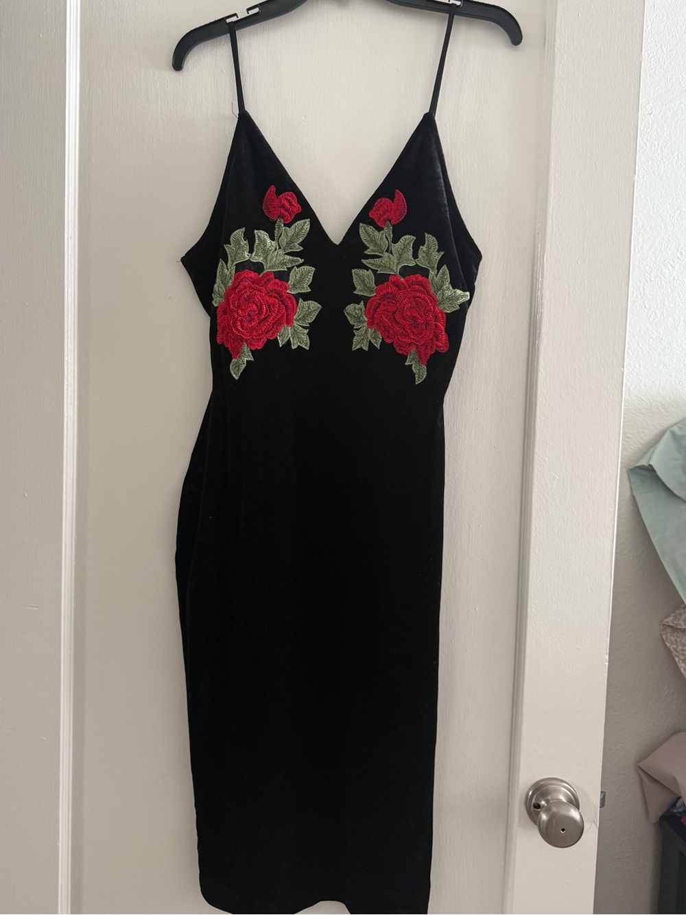 Black Velvet Midi Slip Dress with Red Rose Embroidery